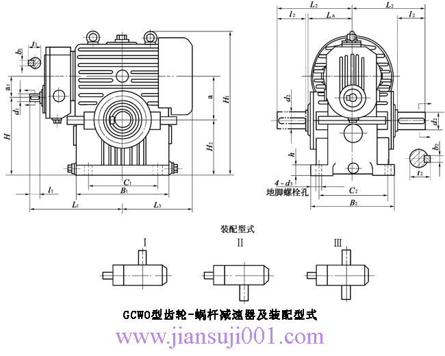 GCWO100、GCWO125、GCWO160、GCWO200、GCWO250、型低速級蝸桿在蝸輪之上的齒輪-蝸桿減速器的裝配形式與主要尺寸(JB/T7008-1993)
