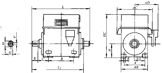 YK系列高速低噪聲三相異步電動(dòng)機(jī)外形及安裝尺寸(H355~400mm)